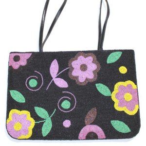 Y & S Black Beaded Handbag Purse Colorful Flowers Gorgeous Perfect Condition